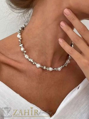 Уникално ръчно изработено колие от 6 мм естествени бели речни перли и посребрен хематит абакус стоманени накрайници - KA1146